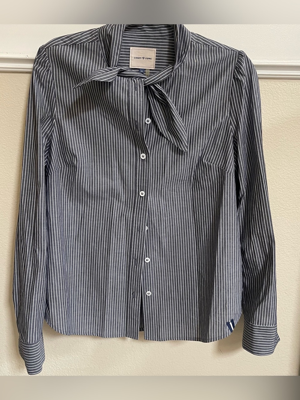 Court & Rowe Navy Pinstripe Tie-Neck Blouse 100% Cotton